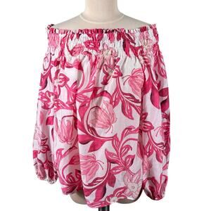 H&M Blouse Top Women's Size Medium Pink Floral Summer Tropical Off Shoulder Tube